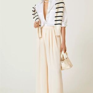 Satin High-Rise Cream Wide-Leg Trousers, Size Small